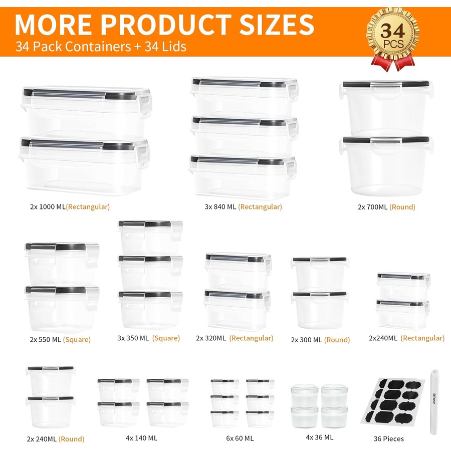 68 Pack Airtight Food Storage Containers - Stackable Plastic Meal Prep Containers with Leak Proof Lids