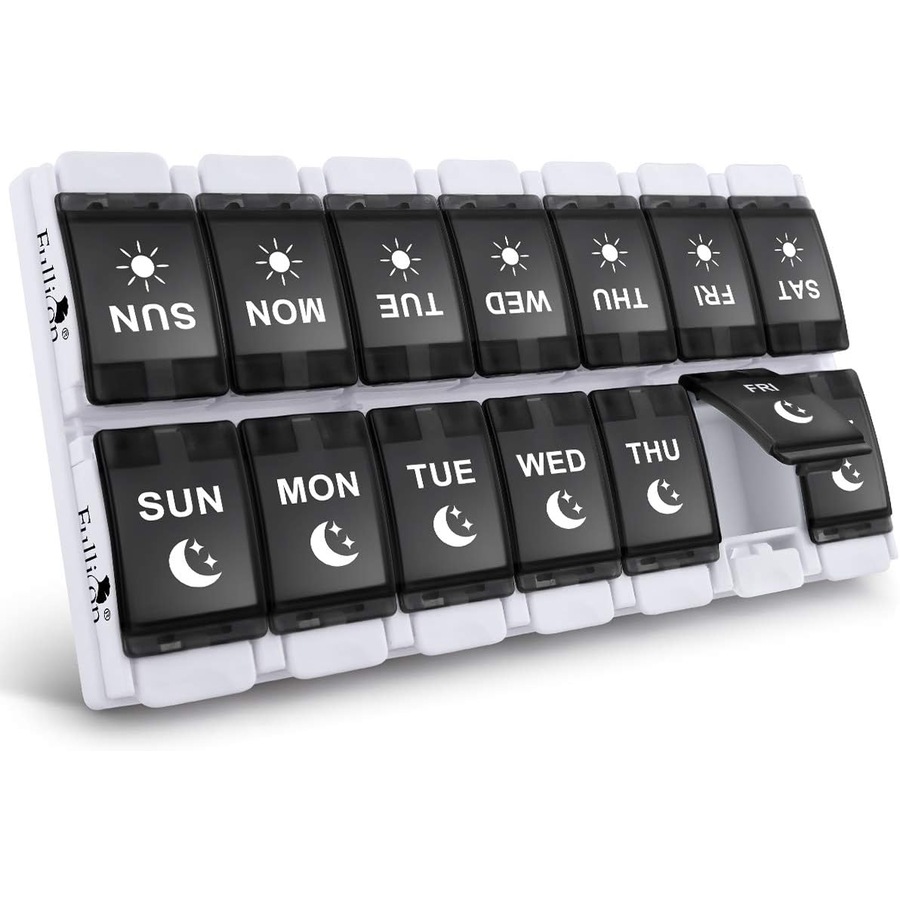 7 Day AM PM Pill Organizer - 2 Times a Day Large Weekly Pills Case Black