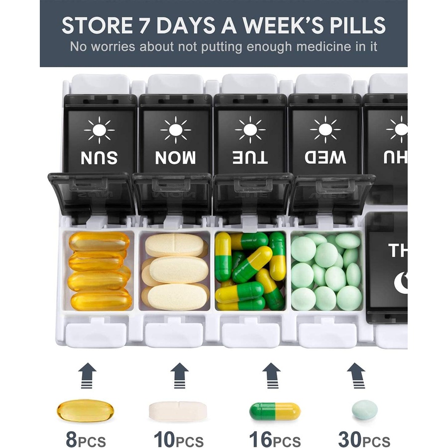 7 Day AM PM Pill Organizer - 2 Times a Day Large Weekly Pills Case Black