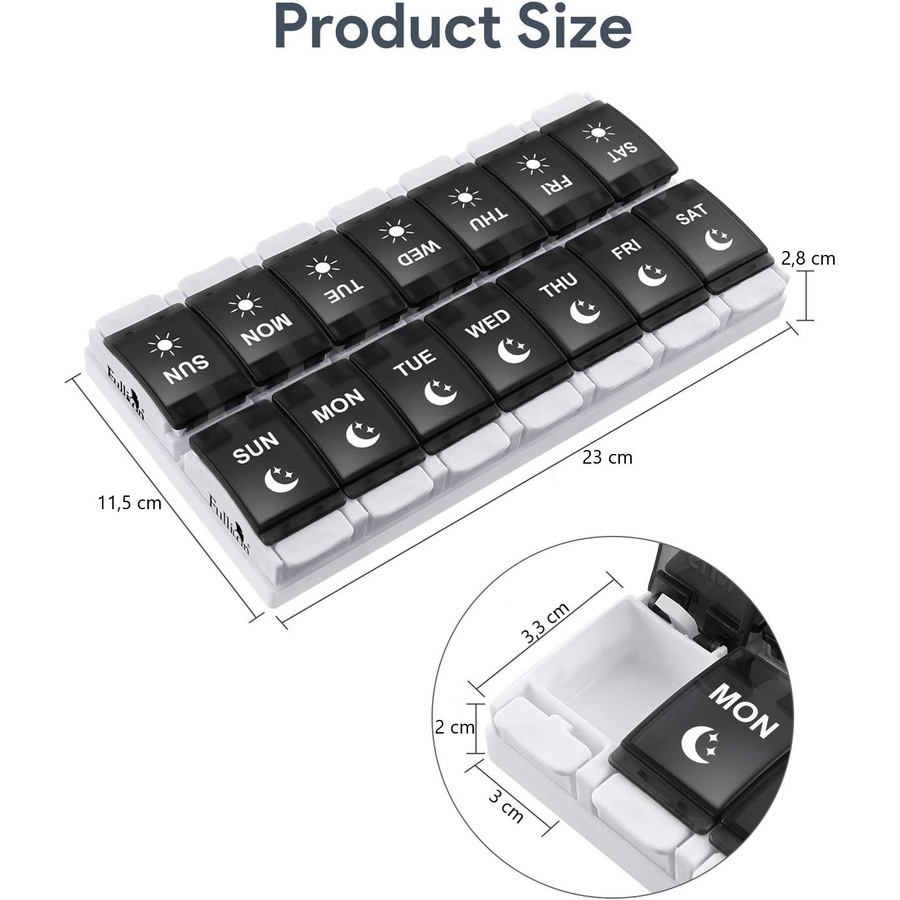 7 Day AM PM Pill Organizer - 2 Times a Day Large Weekly Pills Case Black