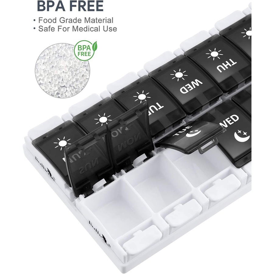 7 Day AM PM Pill Organizer - 2 Times a Day Large Weekly Pills Case Black