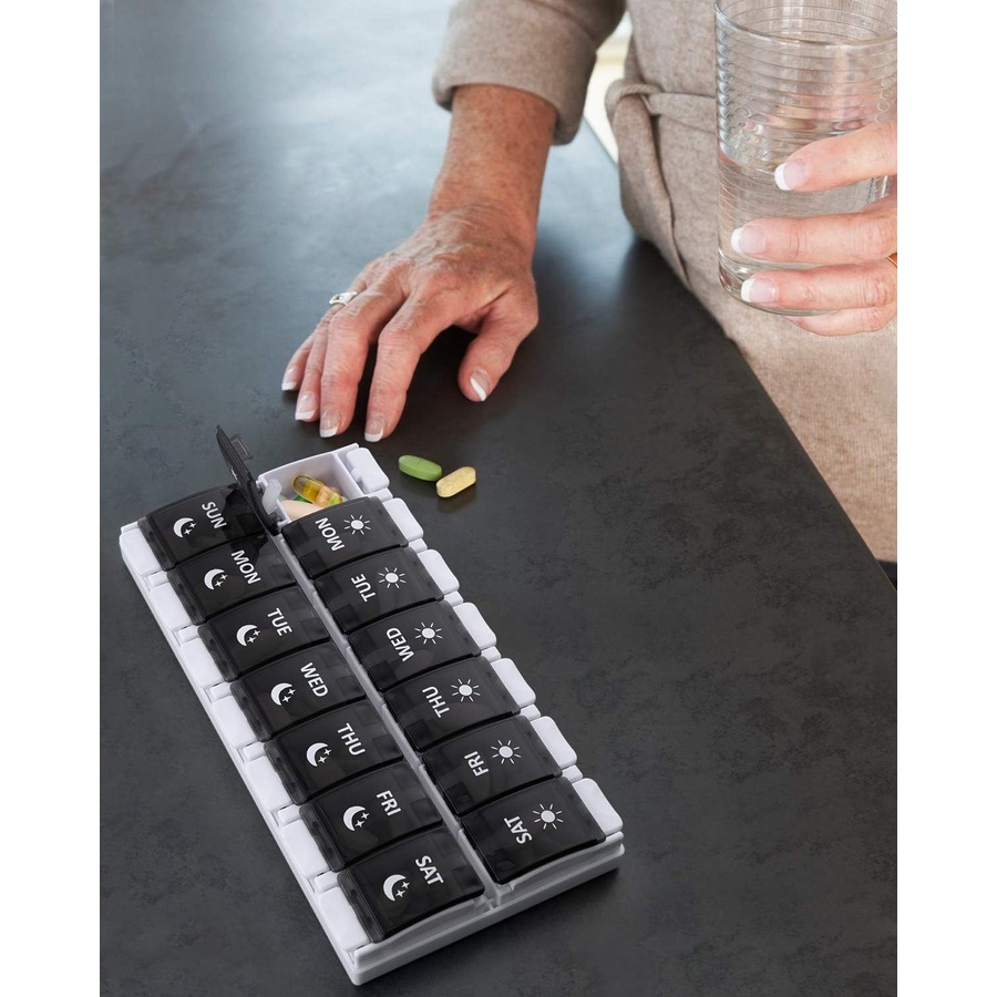 7 Day AM PM Pill Organizer - 2 Times a Day Large Weekly Pills Case Black