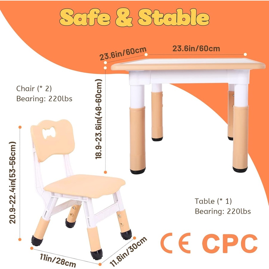 Adjustable Kids Table and 2 Chairs Set for Ages 3-8