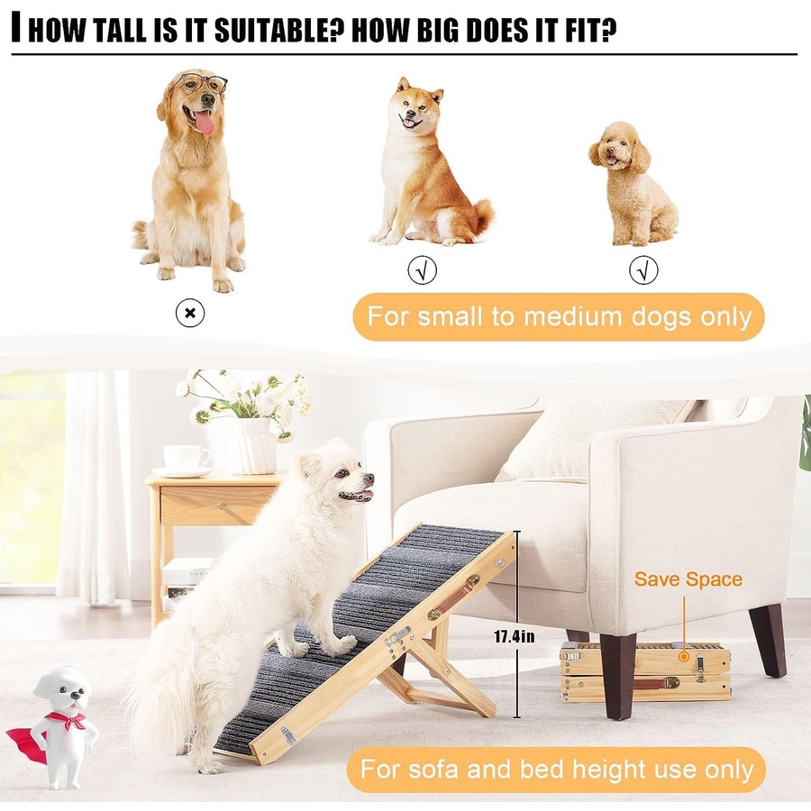 Adjustable Portable Dog Ramp for Bed, Couch, or Car - Foldable Pet Stairs with Non-Slip Surface, 100cm Long