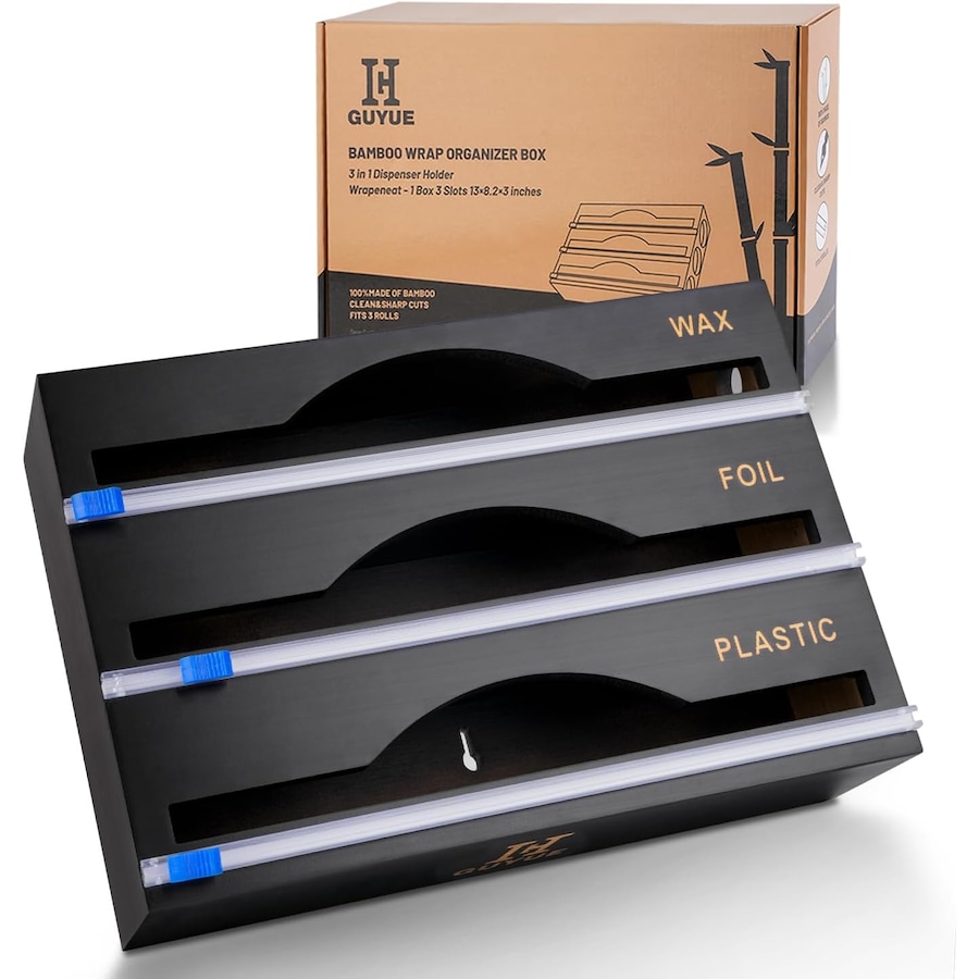 Bamboo Plastic Wrap Dispenser: 3-in-1 Storage Organizer for Kitchen Drawer and Wall