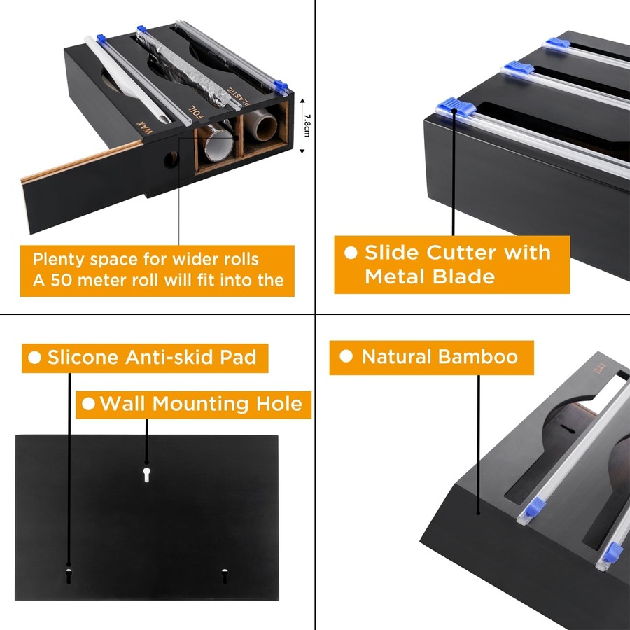 Bamboo Plastic Wrap Dispenser: 3-in-1 Storage Organizer for Kitchen Drawer and Wall