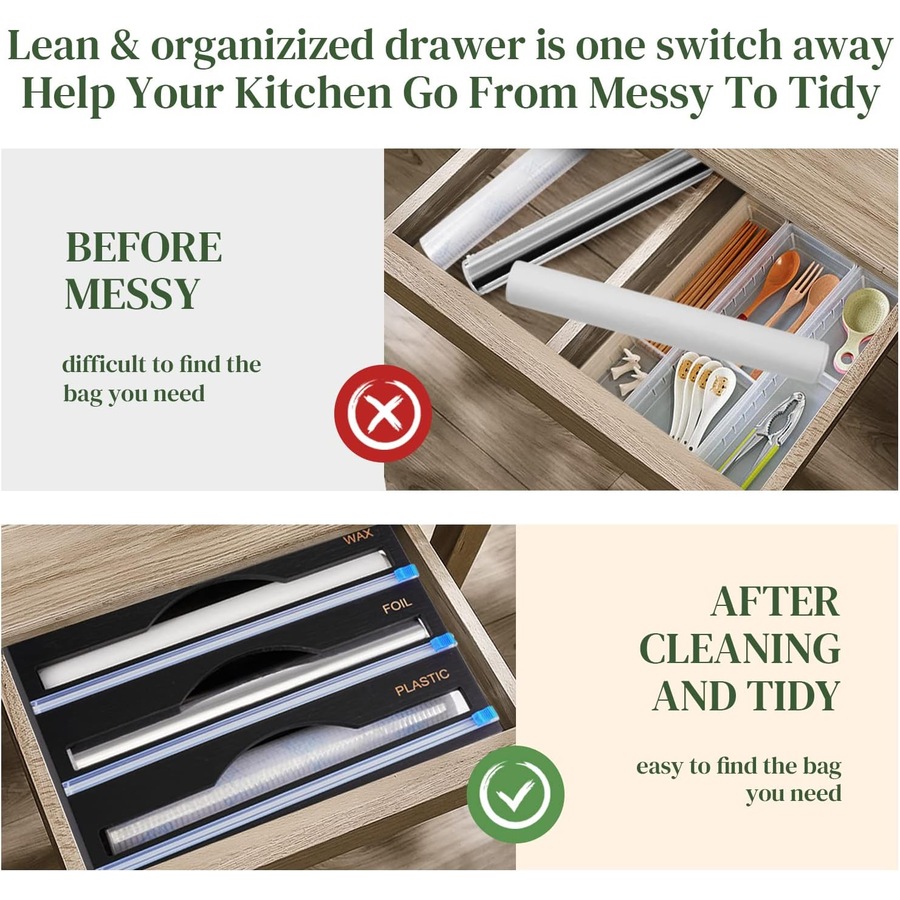 Bamboo Plastic Wrap Dispenser: 3-in-1 Storage Organizer for Kitchen Drawer and Wall