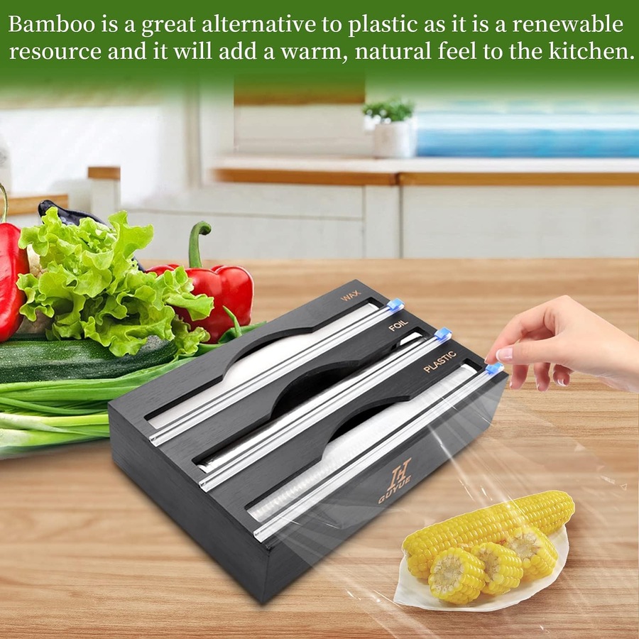 Bamboo Plastic Wrap Dispenser: 3-in-1 Storage Organizer for Kitchen Drawer and Wall