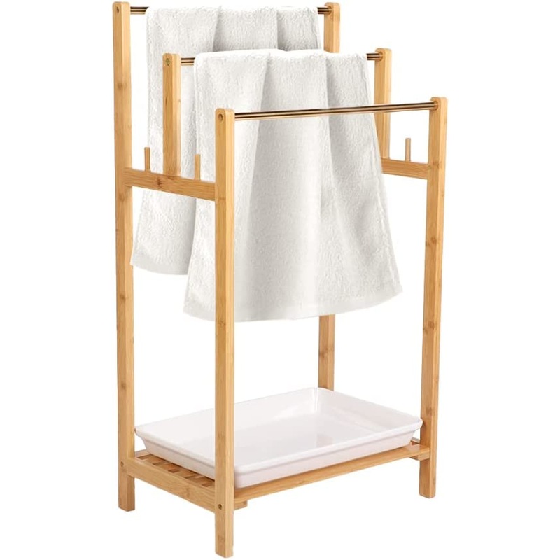 Buy Bamboo Towel Bar Holder Rack Freestanding Hanging Rail Shelf Drain
