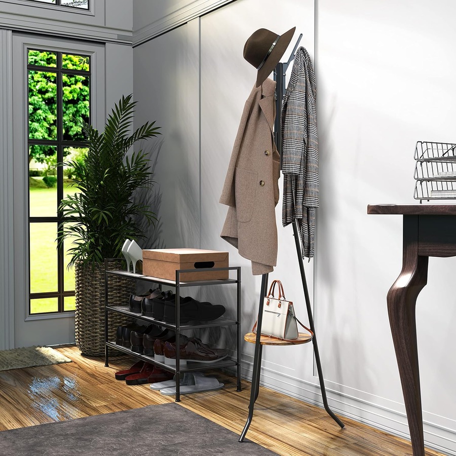 Black Freestanding Coat Rack with Shelf