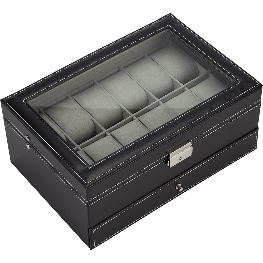 Black Leather Watch Box Jewelry Display Case with Drawers (12 Slots with 2 Layers)
