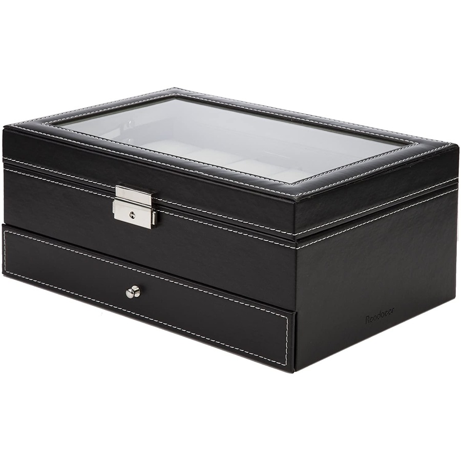 Black Leather Watch Box Jewelry Display Case with Drawers (12 Slots with 2 Layers)