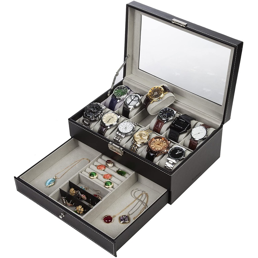 Black Leather Watch Box Jewelry Display Case with Drawers (12 Slots with 2 Layers)