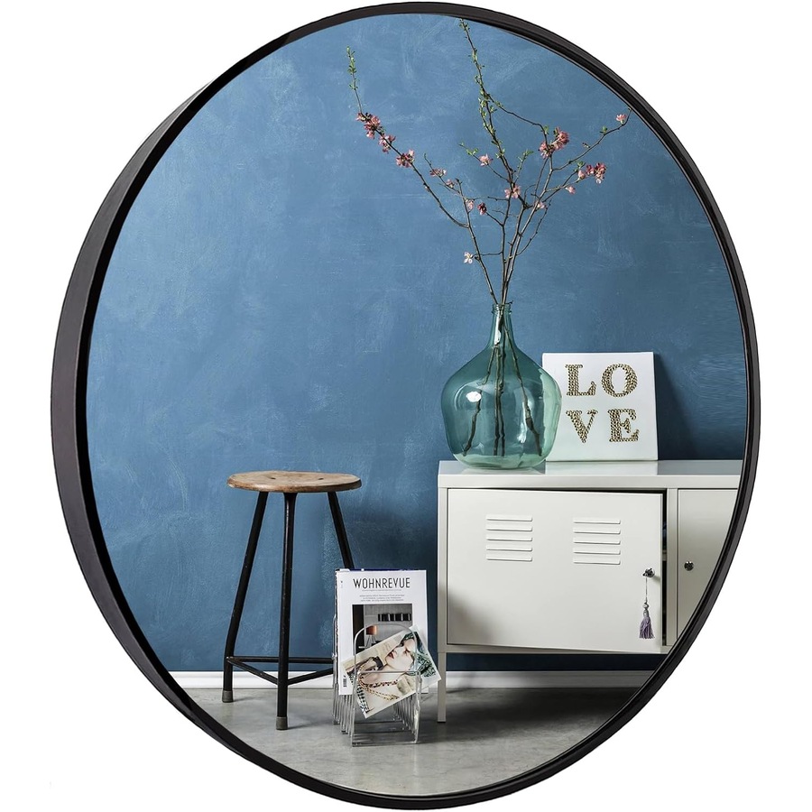 Black Metal Frame Round Mirror - 50cm for Bathroom, Bedroom, Hallway