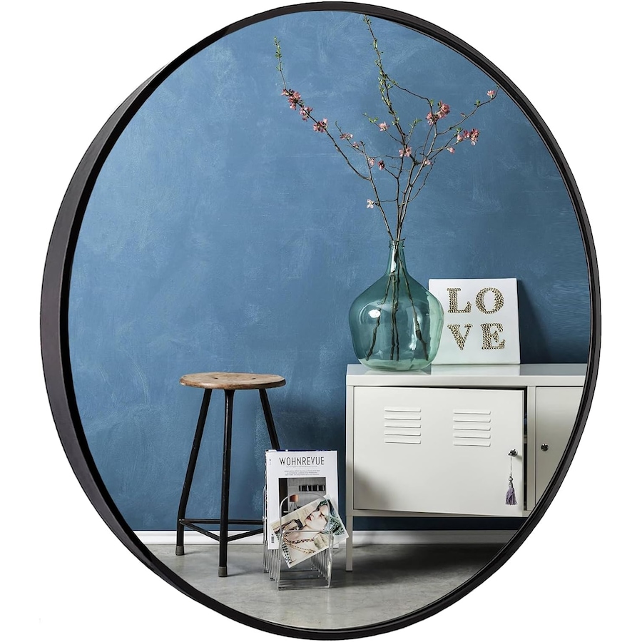Black Metal Frame Round Mirror - 50cm for Bathroom, Bedroom, Hallway