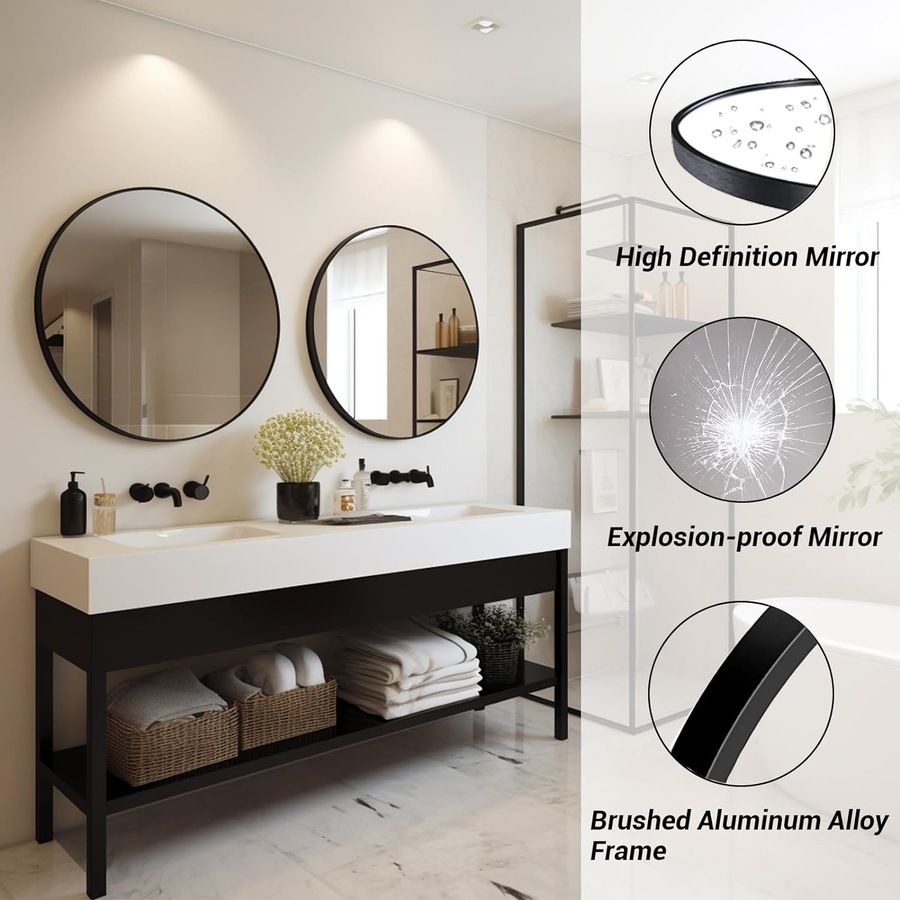 Black Metal Frame Round Mirror - 50cm for Bathroom, Bedroom, Hallway