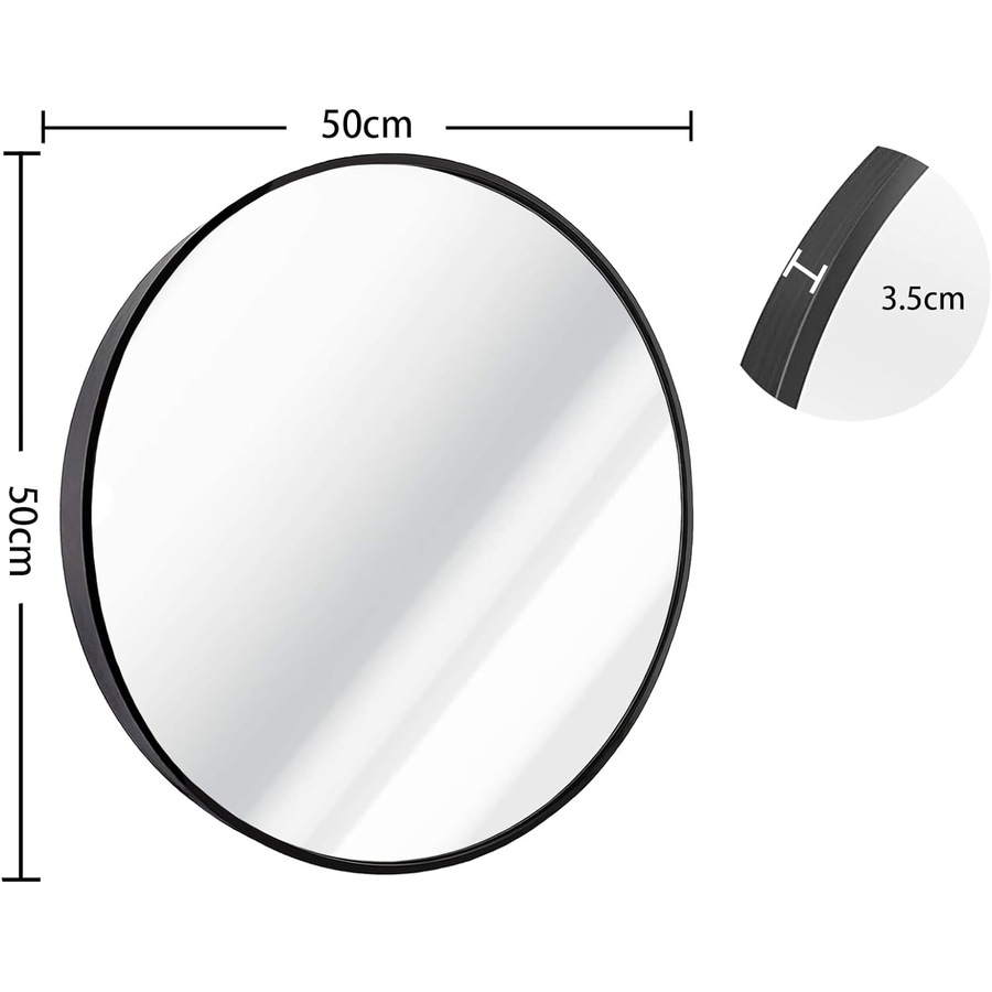 Black Metal Frame Round Mirror - 50cm for Bathroom, Bedroom, Hallway