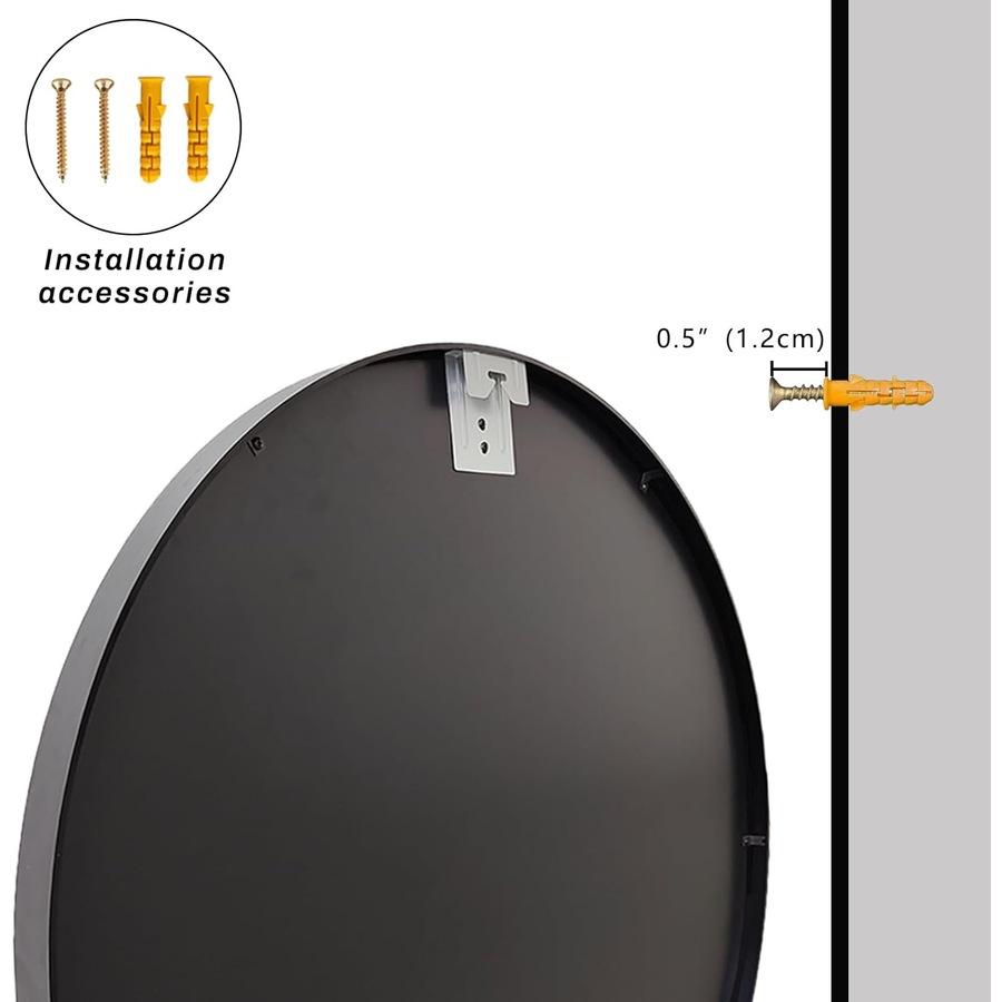 Black Metal Frame Round Mirror - 50cm for Bathroom, Bedroom, Hallway