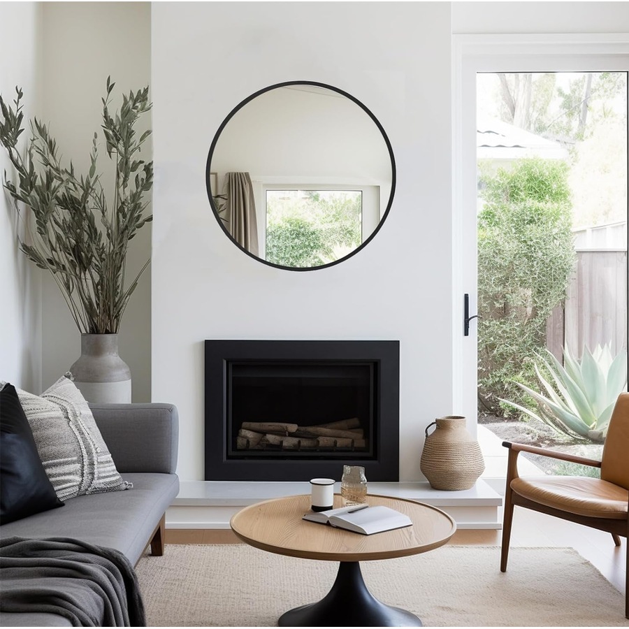 Black Metal Frame Round Mirror - 50cm for Bathroom, Bedroom, Hallway