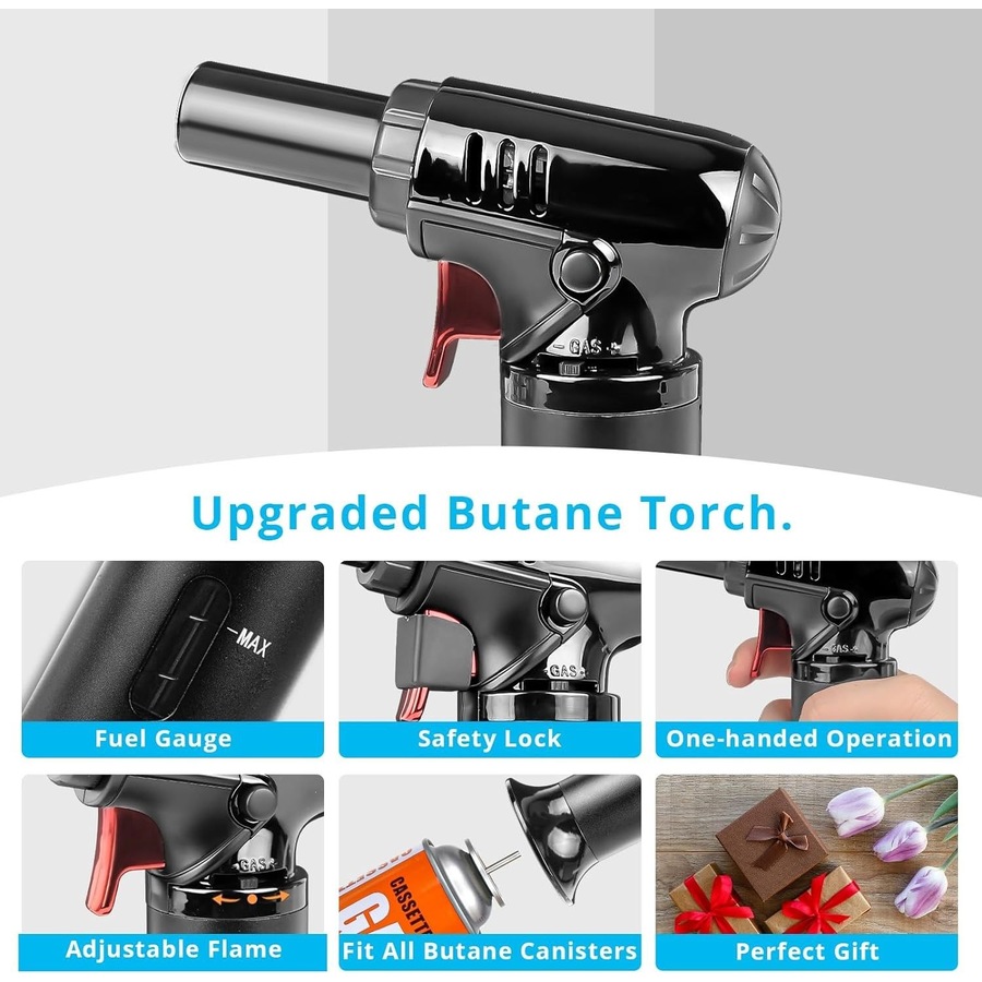 Butane Torch with Fuel Gauge S907 - Refillable Kitchen Torch Lighter for Desserts and Creme Brulee