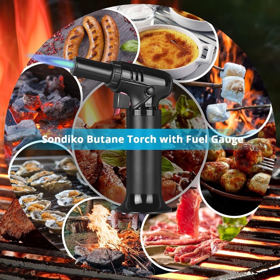 Butane Torch with Fuel Gauge S907 - Refillable Kitchen Torch Lighter for Desserts and Creme Brulee