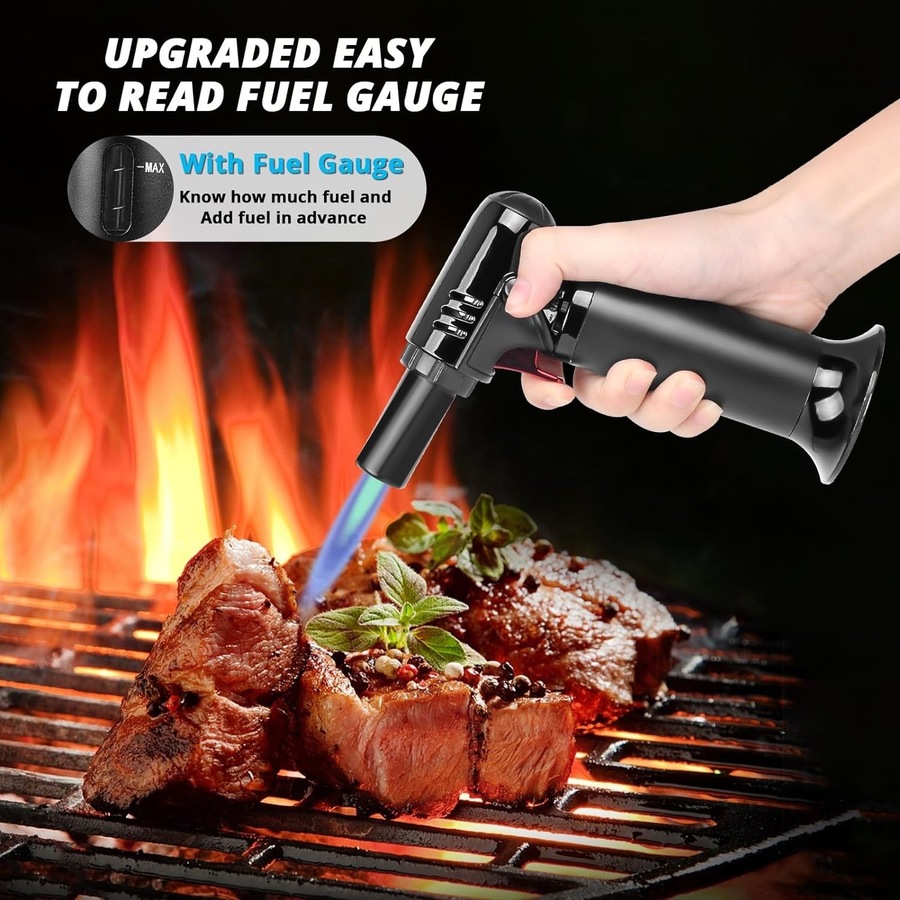 Butane Torch with Fuel Gauge S907 - Refillable Kitchen Torch Lighter for Desserts and Creme Brulee