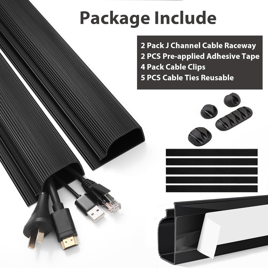 Cable Management J Channel 2Pack Raceway Under Desk Adhesive Stripe