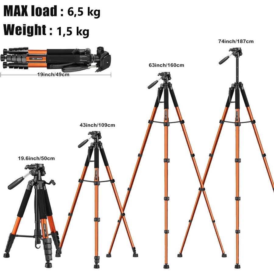 Camera Tripod Stand Aluminum Professional Orange 190 cm