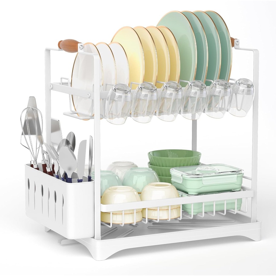 CARLA HOME 2-Tier Large Dish Drying Rack with Drainboard, Utensil Holder, Glass Hooks & Cutlery Storage (White)