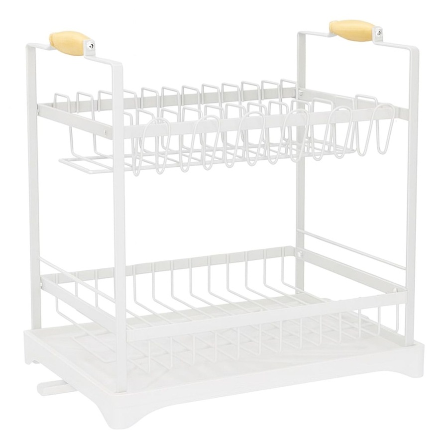 CARLA HOME 2-Tier Large Dish Drying Rack with Drainboard, Utensil Holder, Glass Hooks & Cutlery Storage (White)