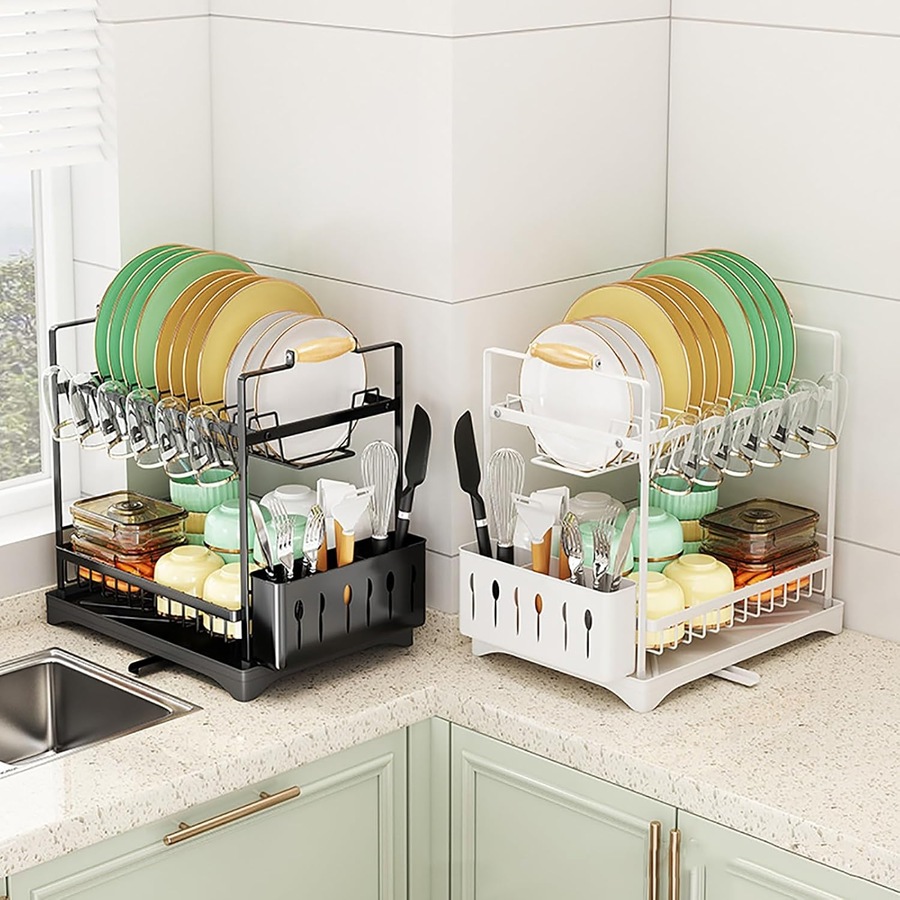 CARLA HOME 2-Tier Large Dish Drying Rack with Drainboard, Utensil Holder, Glass Hooks & Cutlery Storage (White)