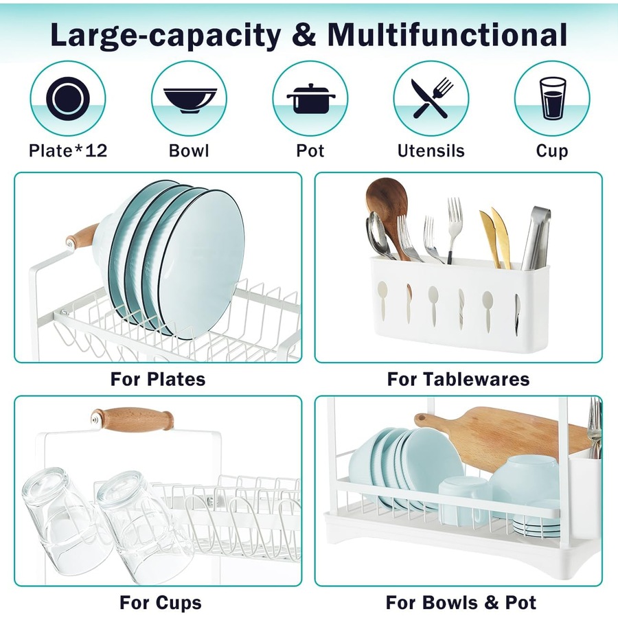 CARLA HOME 2-Tier Large Dish Drying Rack with Drainboard, Utensil Holder, Glass Hooks & Cutlery Storage (White)