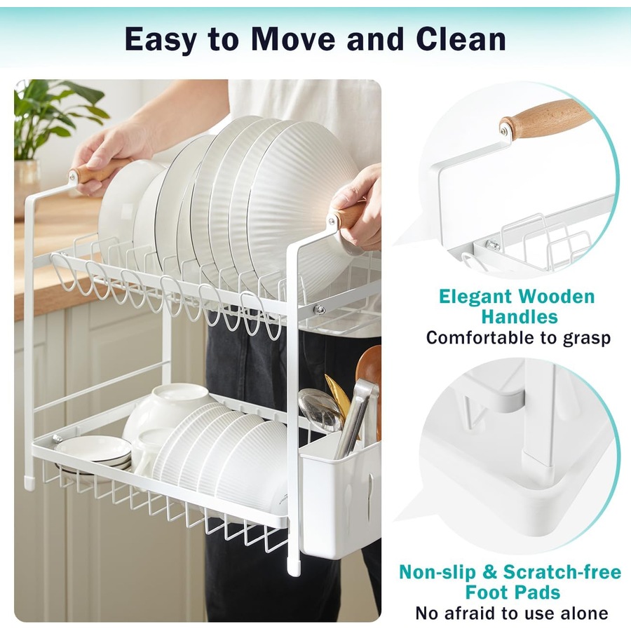 CARLA HOME 2-Tier Large Dish Drying Rack with Drainboard, Utensil Holder, Glass Hooks & Cutlery Storage (White)