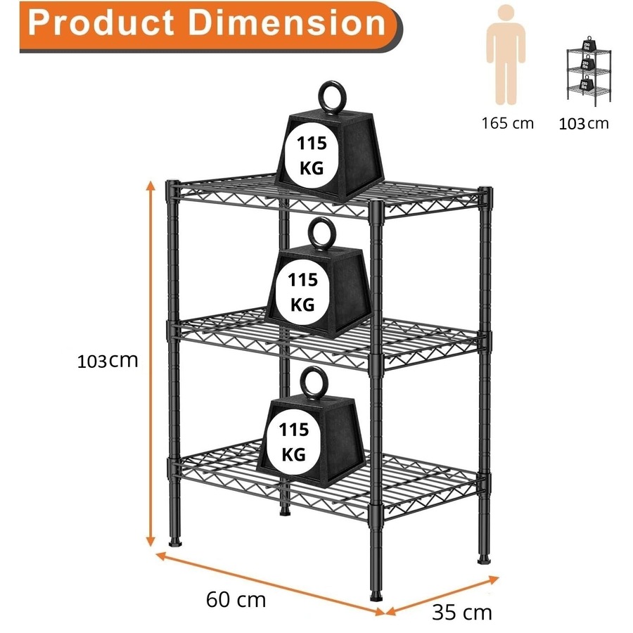 CARLA HOME 3-Tier Adjustable Metal Storage Shelves Wire Rack Organizer for Kitchen, Pantry, Bathroom or Laundry Room (45cm W x 40cm D x 103cm H)