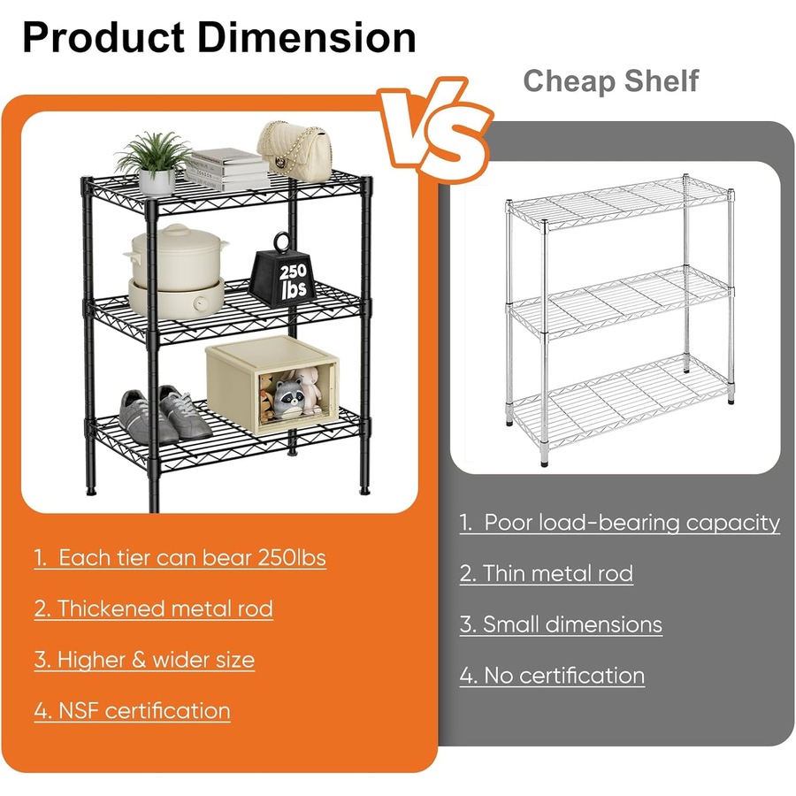 CARLA HOME 3-Tier Adjustable Metal Storage Shelves Wire Rack Organizer for Kitchen, Pantry, Bathroom or Laundry Room (45cm W x 40cm D x 103cm H)