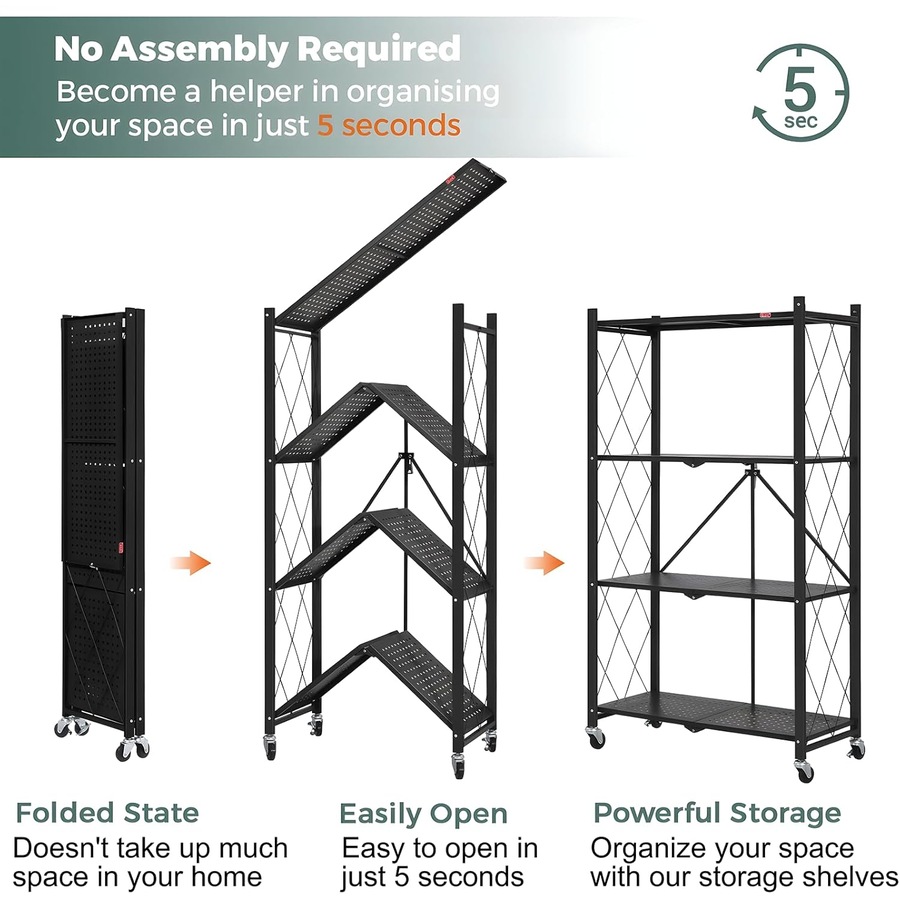 CARLA HOME 4-Tier Foldable Storage Shelf with Wheels for Kitchen, Garage, Pantry or Basement (Black)