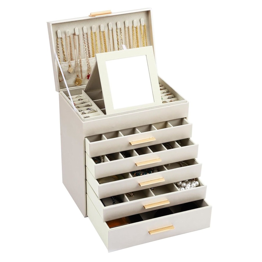 CARLA HOME 6-Layer Large Jewelry Organizer Box for Women with Mirror, Drawers, Hooks & Dividers for Rings, Necklaces, Bracelets, Ideal Gift for Women (White)