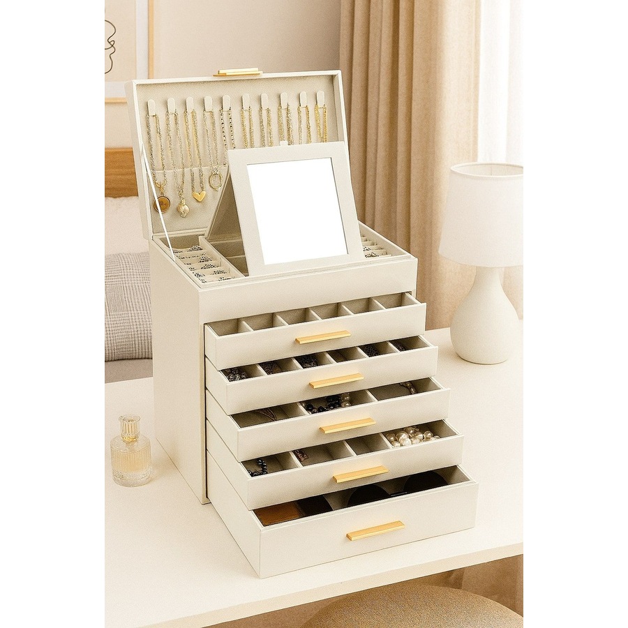 CARLA HOME 6-Layer Large Jewelry Organizer Box for Women with Mirror, Drawers, Hooks & Dividers for Rings, Necklaces, Bracelets, Ideal Gift for Women (White)