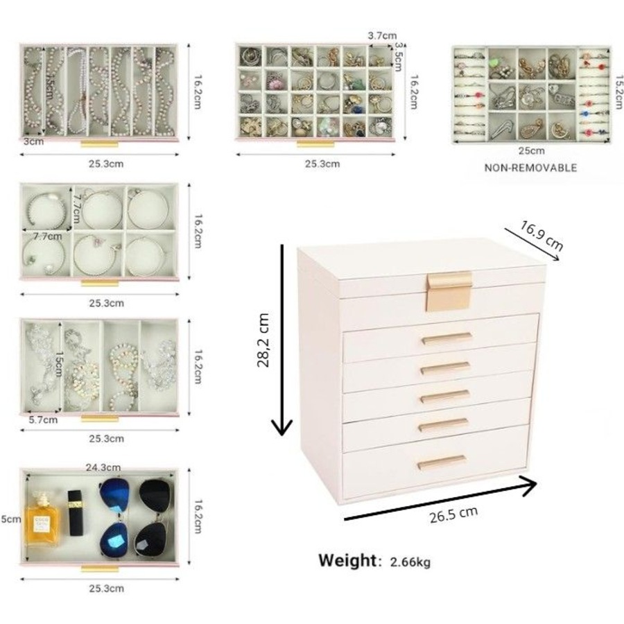 CARLA HOME 6-Layer Large Jewelry Organizer Box for Women with Mirror, Drawers, Hooks & Dividers for Rings, Necklaces, Bracelets, Ideal Gift for Women (White)