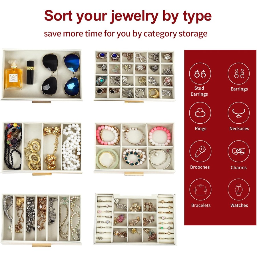 CARLA HOME 6-Layer Large Jewelry Organizer Box for Women with Mirror, Drawers, Hooks & Dividers for Rings, Necklaces, Bracelets, Ideal Gift for Women (White)