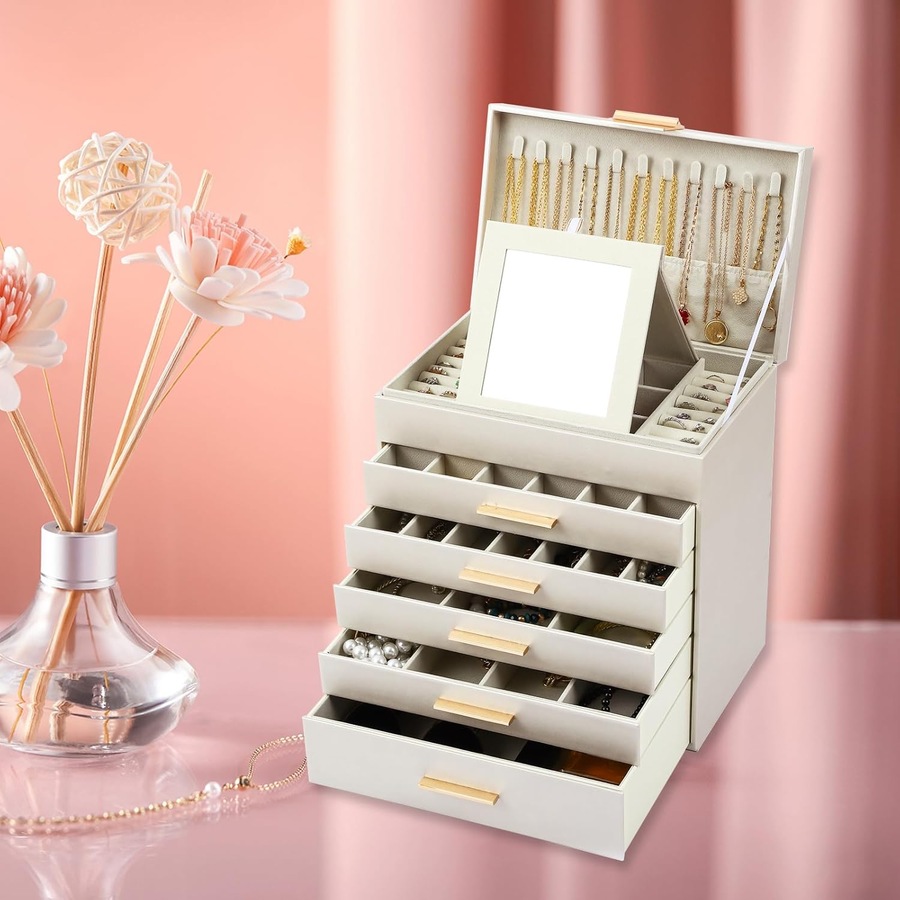 CARLA HOME 6-Layer Large Jewelry Organizer Box for Women with Mirror, Drawers, Hooks & Dividers for Rings, Necklaces, Bracelets, Ideal Gift for Women (White)