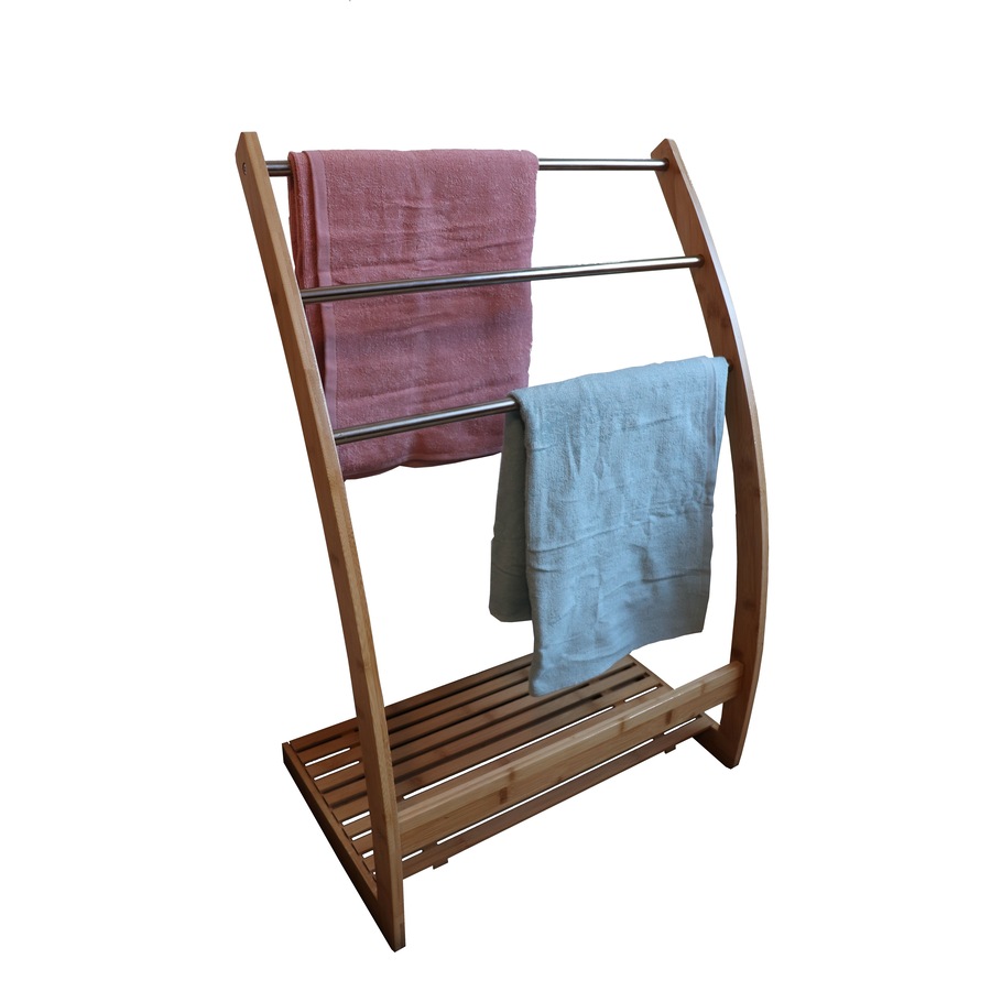 CARLA HOME Bamboo Towel Bar Holder Rack 3-Tier Free Standing for Bathroom. Towel Racks. Towel Rail Bathroom Accessory. Shower Hand Dish Towel. Towel Holder (Bottom Shelf and Metal Holder)