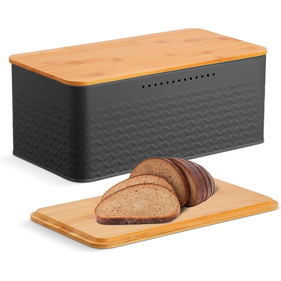 CARLA HOME Bread Bin with Bamboo Lid used as Chopping Board for Kitchen Countertop