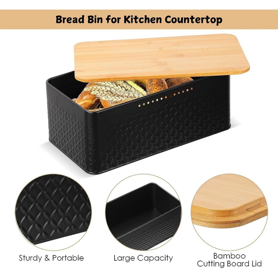 CARLA HOME Bread Bin with Bamboo Lid used as Chopping Board for Kitchen Countertop