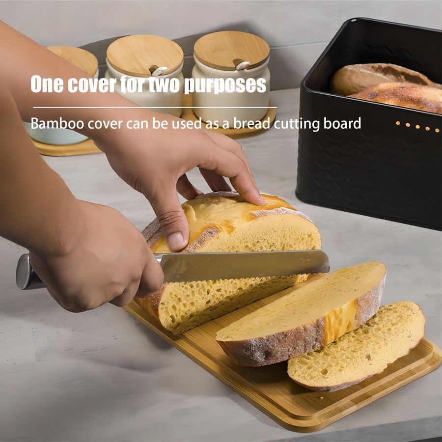 CARLA HOME Bread Bin with Bamboo Lid used as Chopping Board for Kitchen Countertop