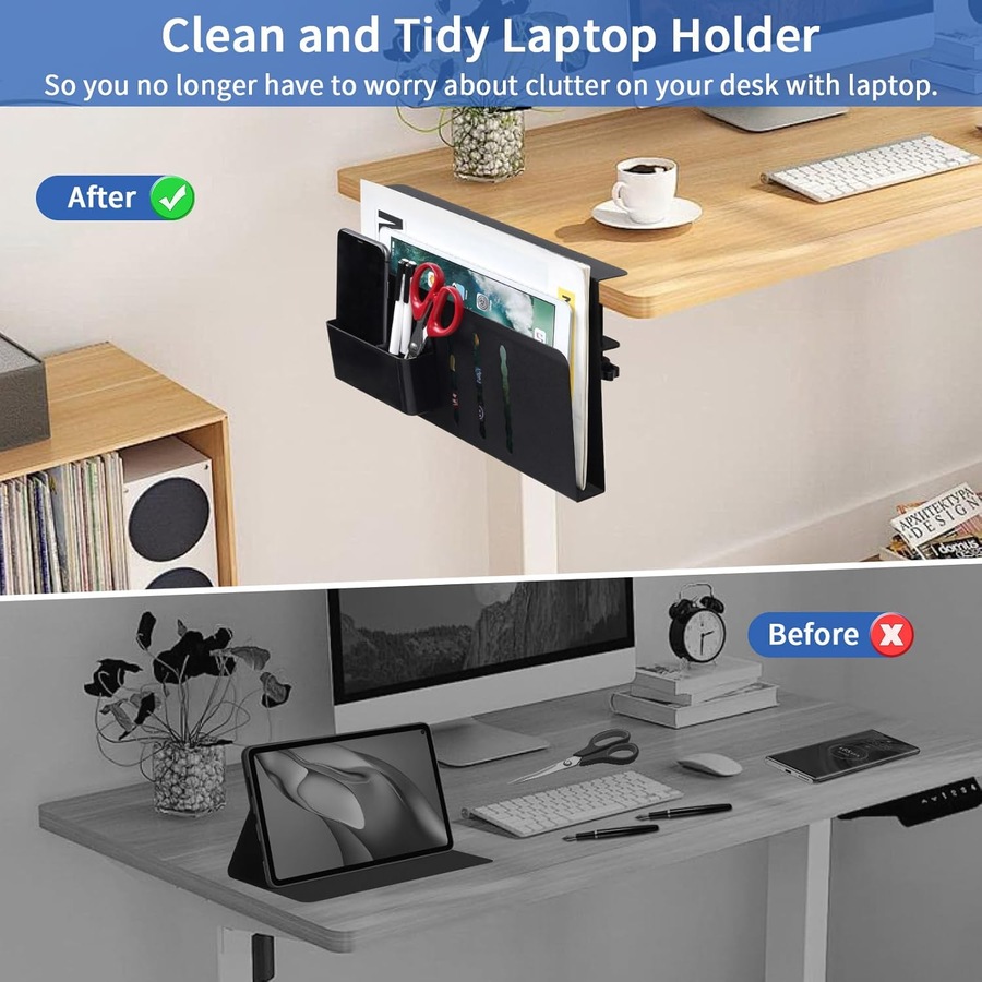 CARLA HOME Under Desk Side Laptop Holder Storage with No Drill Cable Management Tray and Pen Storage for Office and Home