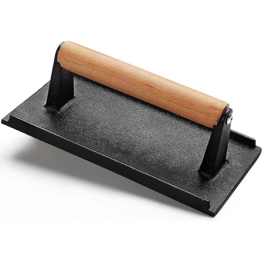 Cast Iron Grill Press with Wooden Handle for Meat, Burgers, Bacon, and Steak