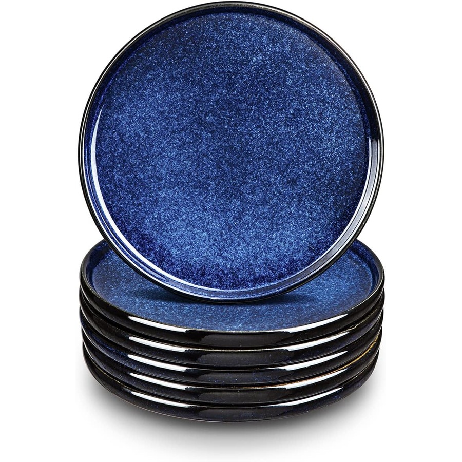 Ceramic Salad Plates Set for Lunch Party - Scratch Resistant, Dishwasher Safe - Set of 6 (Blue)