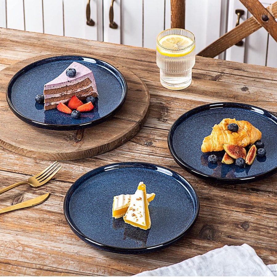 Ceramic Salad Plates Set for Lunch Party - Scratch Resistant, Dishwasher Safe - Set of 6 (Blue)