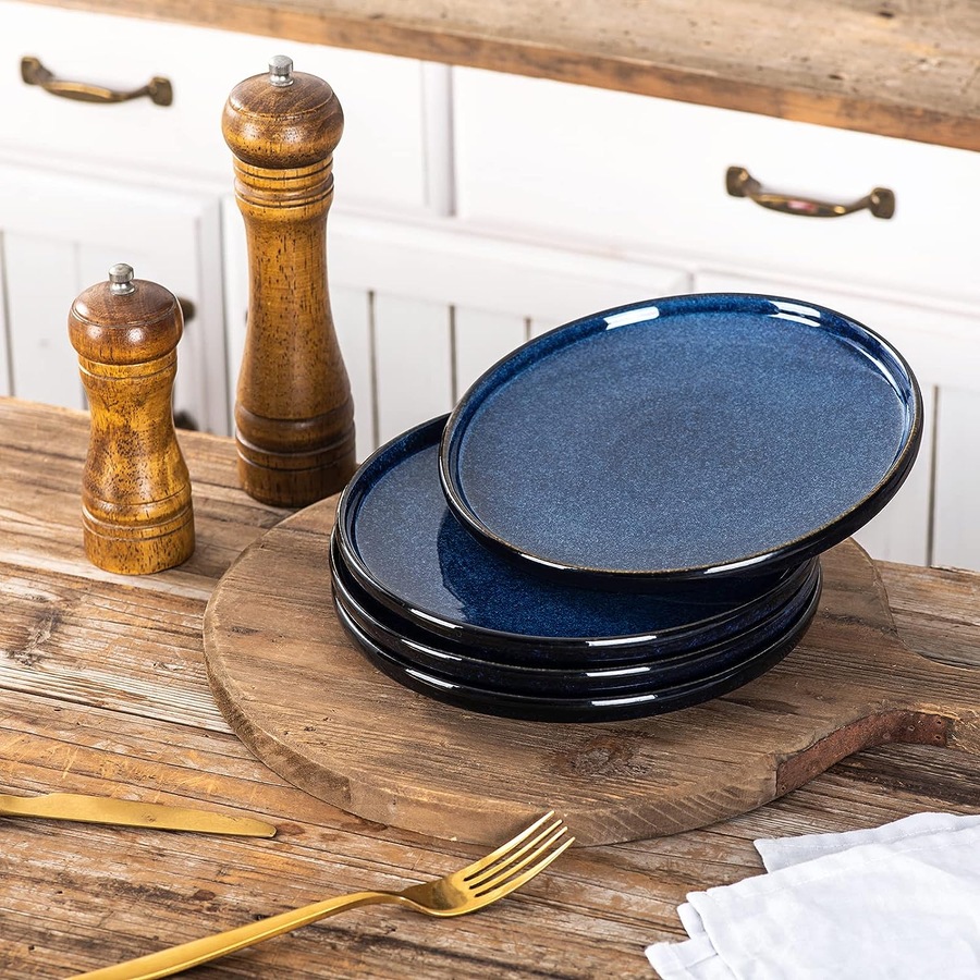 Ceramic Salad Plates Set for Lunch Party - Scratch Resistant, Dishwasher Safe - Set of 6 (Blue)